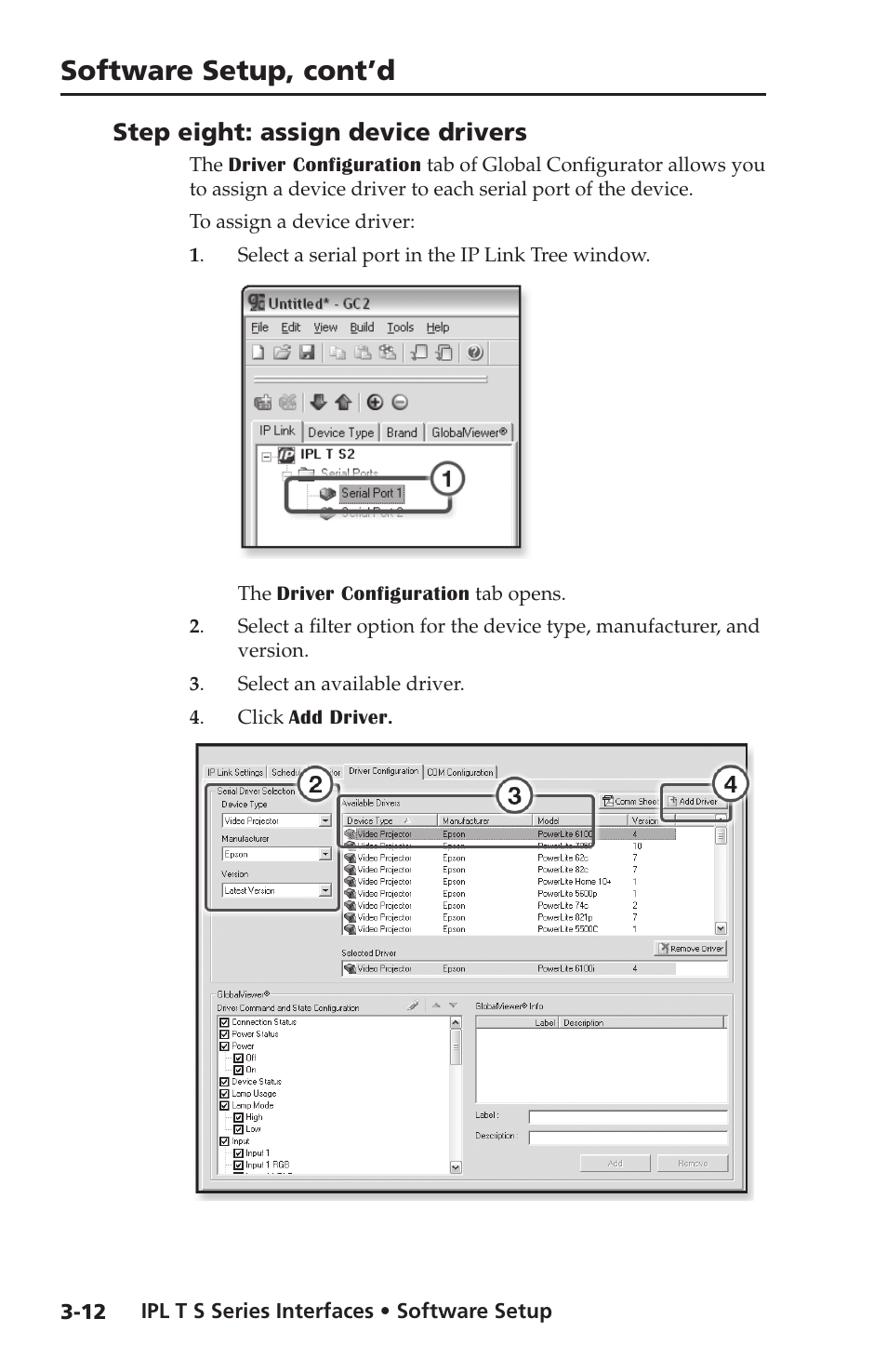 Step eight: assign device drivers, Step eight: assign device drivers -12, Software setup, cont’d | Extron electronic Extron IPL T S4 User Manual | Page 32 / 45