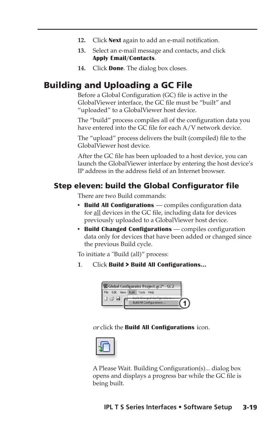 Building and uploading a gc file, Step eleven: build the global configurator file, Step twelve: upload the global configurator file | Extron electronic Extron IPL T S4 User Manual | Page 39 / 45