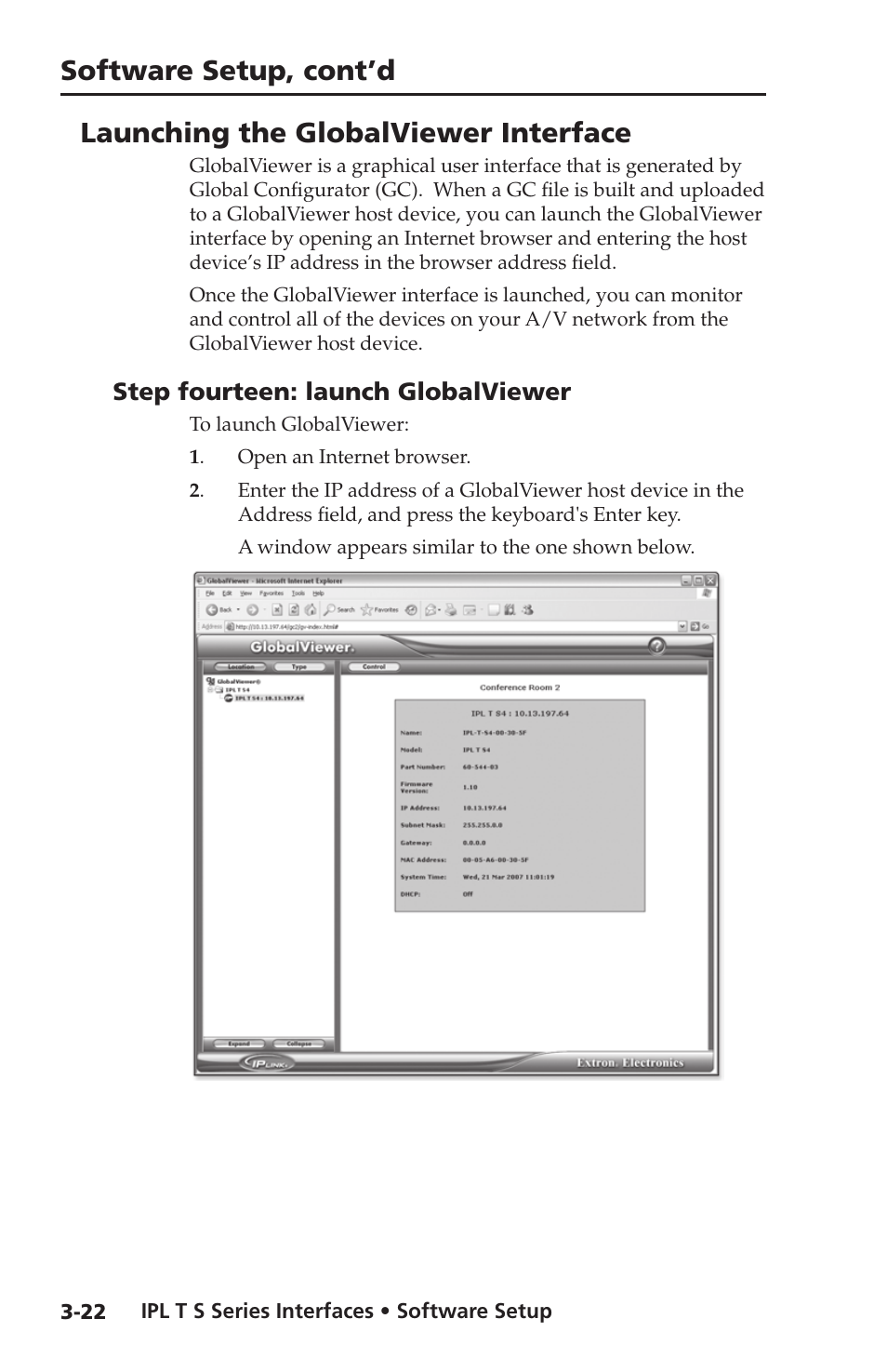 Launching the globalviewer interface, Step fourteen: launch globalviewer, Software setup, cont’d | Extron electronic Extron IPL T S4 User Manual | Page 42 / 45