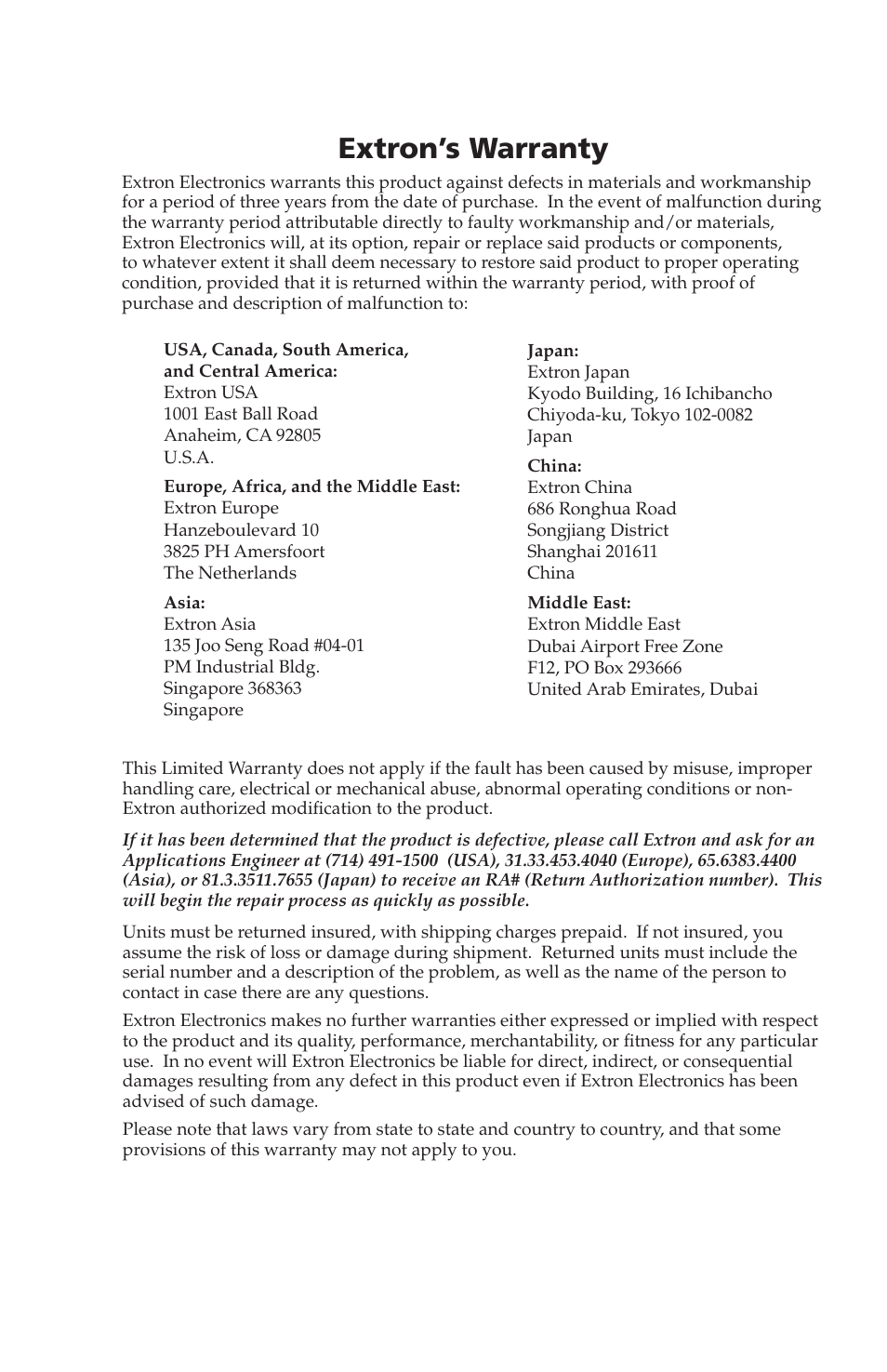 Extron’s warranty | Extron electronic Extron IPL T S4 User Manual | Page 44 / 45