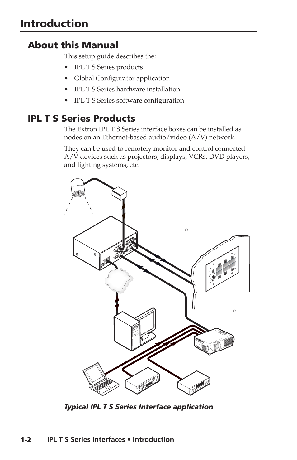About this manual, Ipl t s series products, Introduction | Extron ipl t s4, Extron mlc 206, Ipl t s series interfaces • introduction, Typical ipl t s series interface application, Medialink controller, Lighting control ethernet | Extron electronic Extron IPL T S4 User Manual | Page 8 / 45