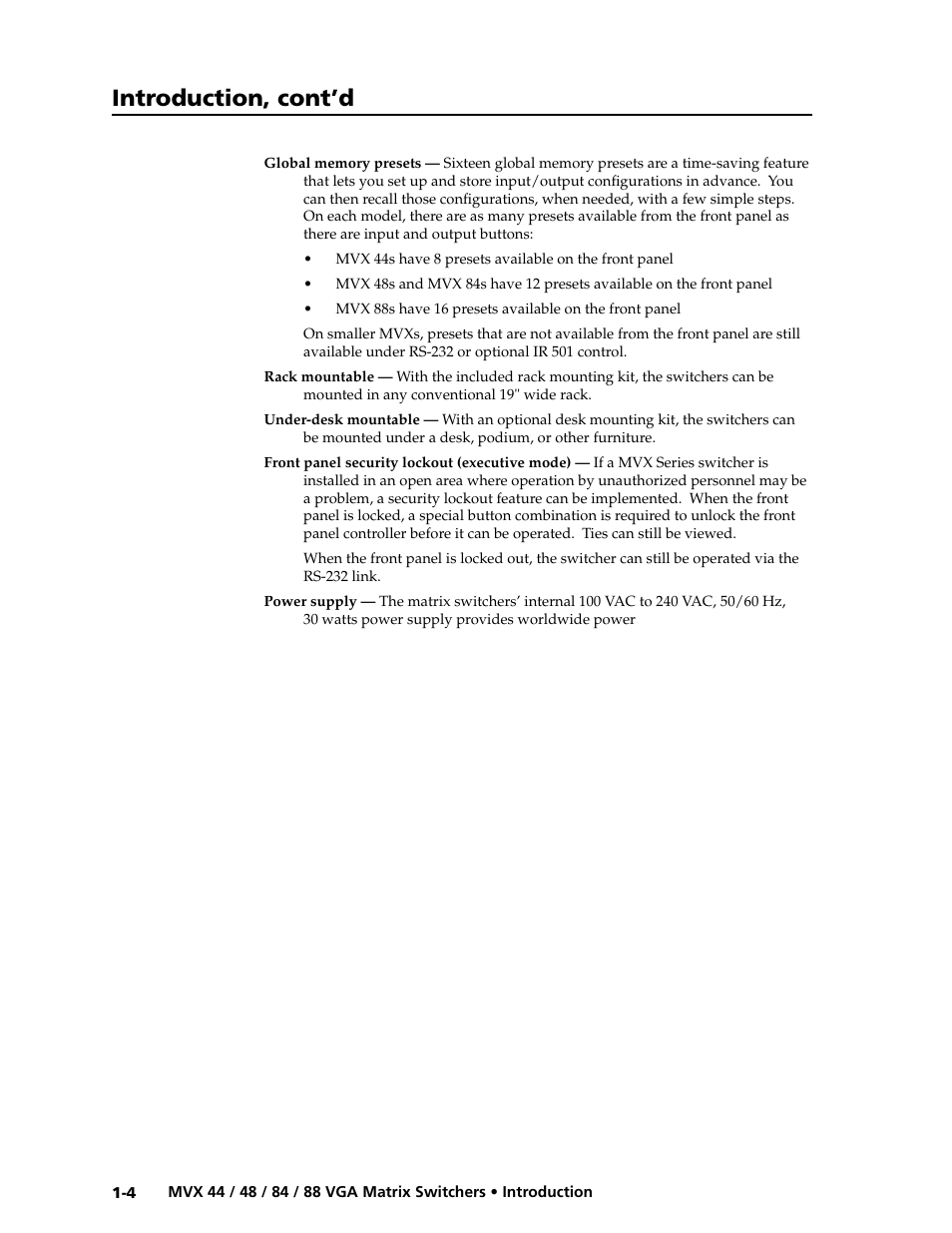 Preliminar y, Introduction, cont’d | Extron electronic MVX 88 Series User Manual | Page 12 / 84