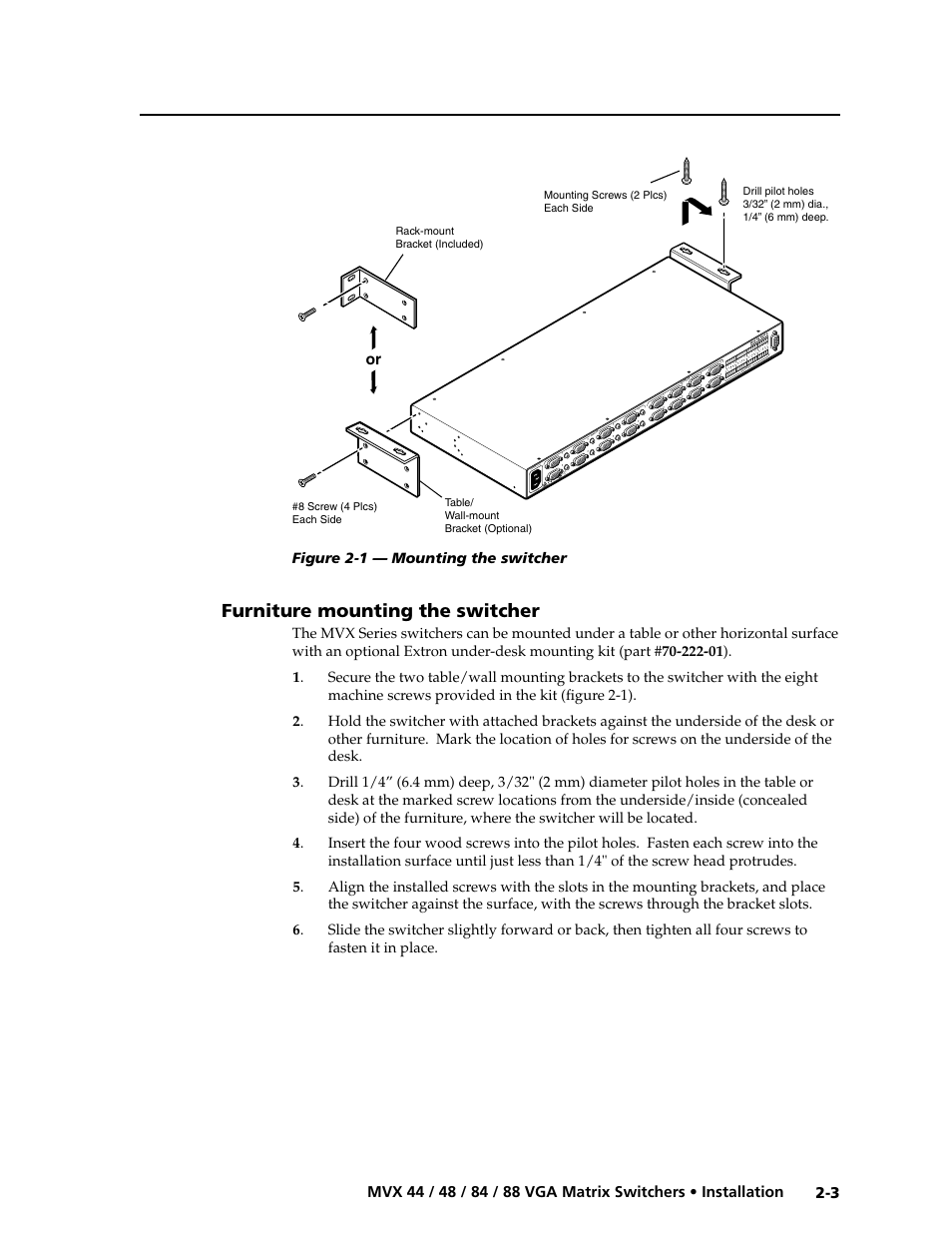 Furniture mounting the switcher, Furniture mounting the switcher -3, Preliminar y | Extron electronic MVX 88 Series User Manual | Page 15 / 84