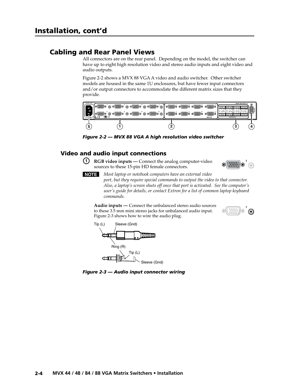 Cabling and rear panel views, Video and audio input connections, Video and audio input connections -4 | Preliminar y, Installation, cont’d, Figure 2-3 — audio input connector wiring, Tip (l) sleeve (gnd) tip (l) ring (r) sleeve (gnd) | Extron electronic MVX 88 Series User Manual | Page 16 / 84
