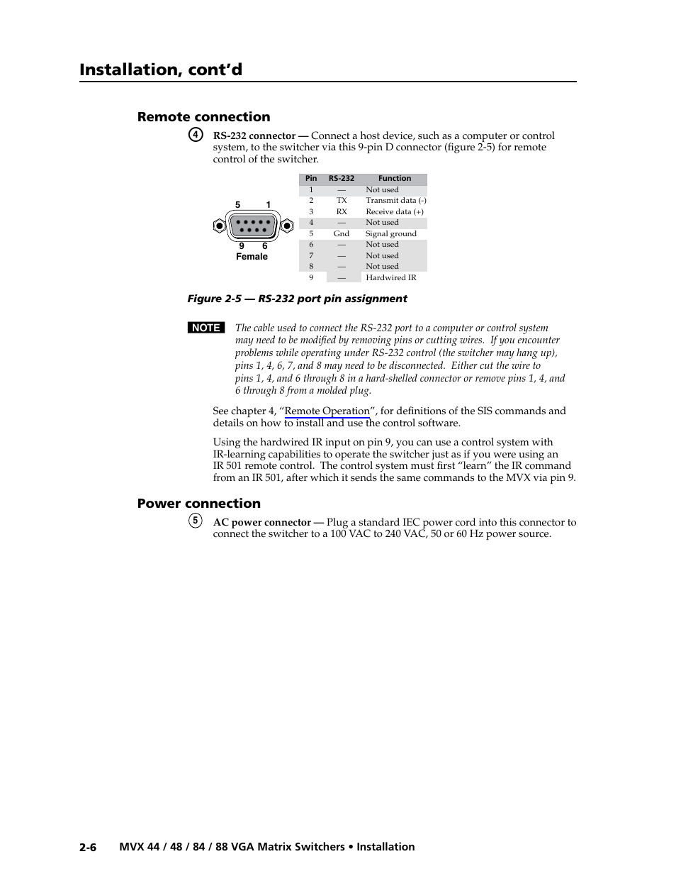 Remote connection, Power connection, Remote connection -6 power connection -6 | Preliminar y, Installation, cont’d | Extron electronic MVX 88 Series User Manual | Page 18 / 84