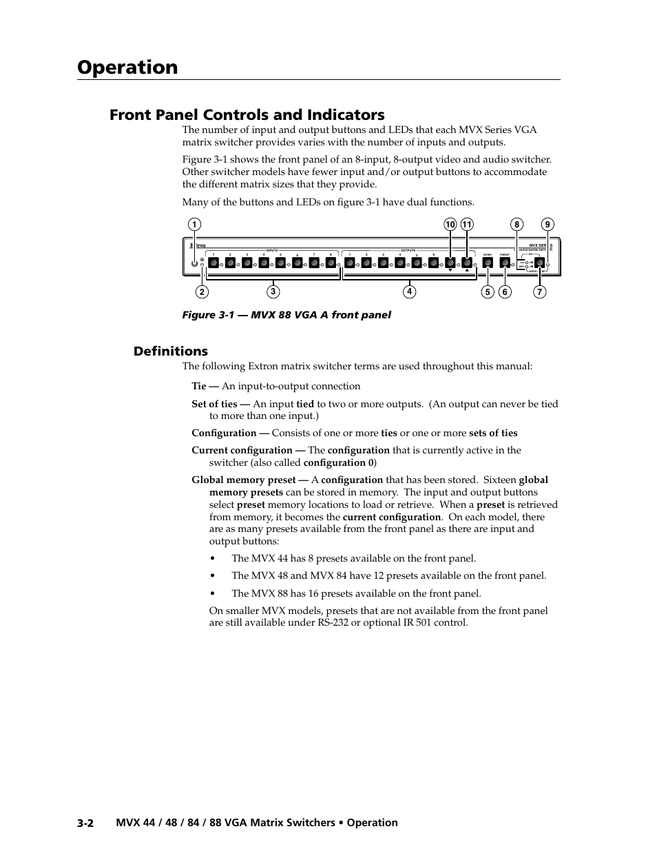 Front panel controls and indicators, Definitions, Definitions -2 | Preliminar y, Operation | Extron electronic MVX 88 Series User Manual | Page 20 / 84