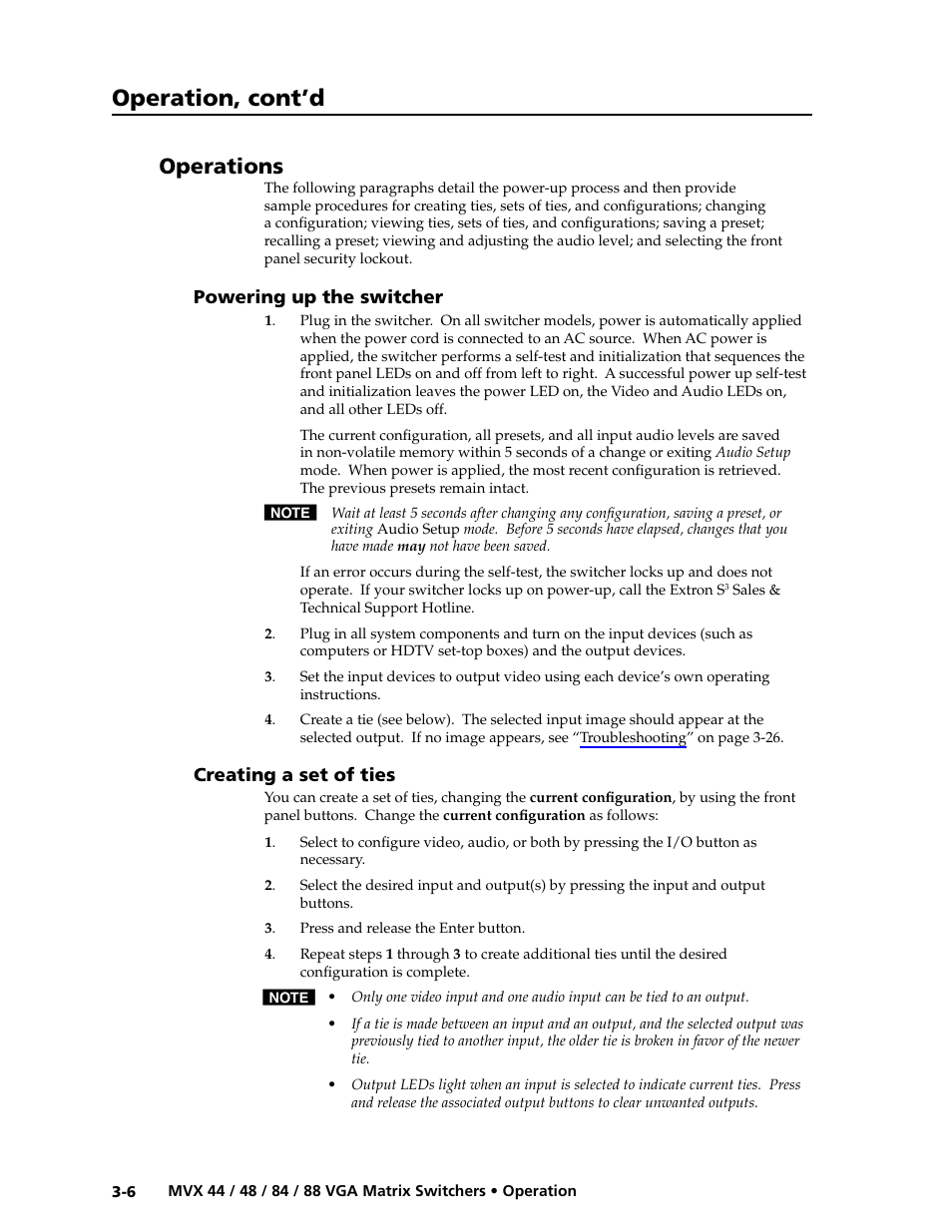 Operations, Powering up the switcher, Creating a set of ties | Preliminar y, Operation, cont’d | Extron electronic MVX 88 Series User Manual | Page 24 / 84