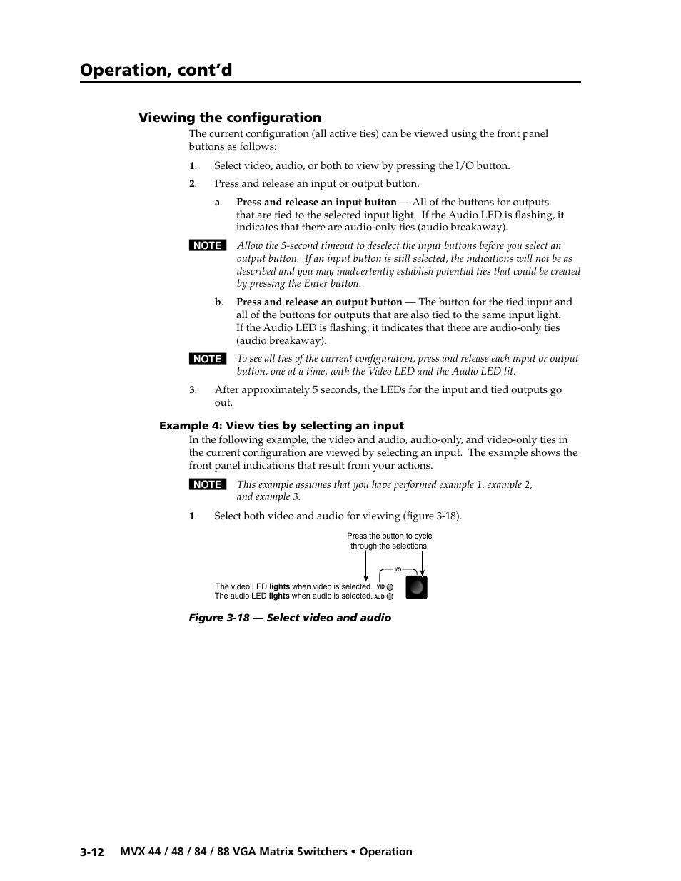 Viewing the configuration, Example 4: view ties by selecting an input, Viewing the configuration -12 | Example 4: view ties by selecting an input -12, Preliminar y, Operation, cont’d | Extron electronic MVX 88 Series User Manual | Page 30 / 84