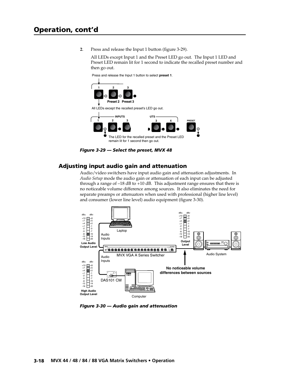 Adjusting input audio gain and attenuation, Adjusting input audio gain and attenuation -18, Preliminar y | Operation, cont’d, Dav101cm vga line driver video input power, Inputs outputs, Figure 3-30 — audio gain and attenuation | Extron electronic MVX 88 Series User Manual | Page 36 / 84