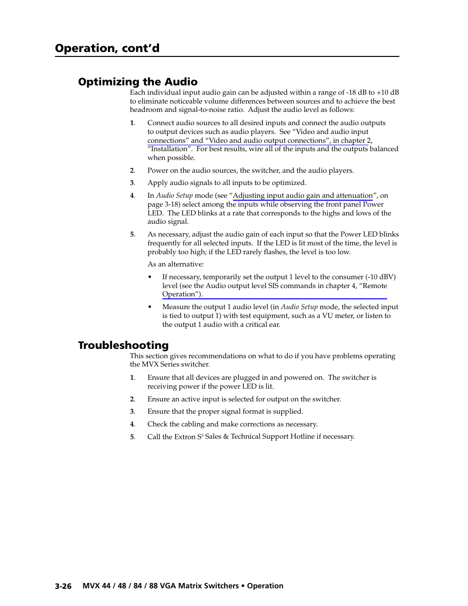 Optimizing the audio, Troubleshooting, Preliminar y | Operation, cont’d | Extron electronic MVX 88 Series User Manual | Page 44 / 84