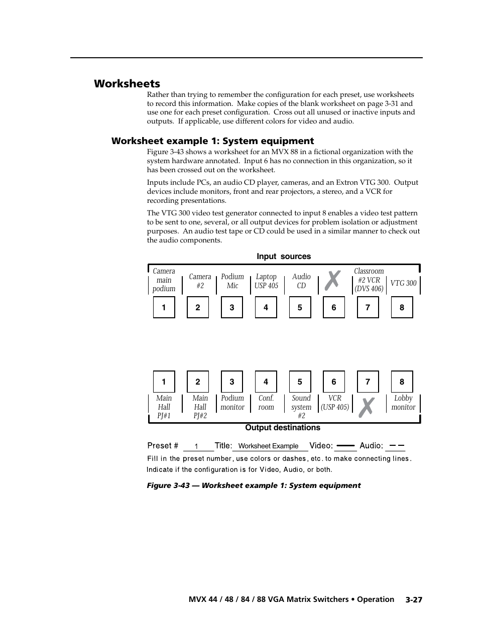 Worksheets, Worksheet example 1: system equipment, Worksheet example 1: system equipment -27 | Preliminar y | Extron electronic MVX 88 Series User Manual | Page 45 / 84