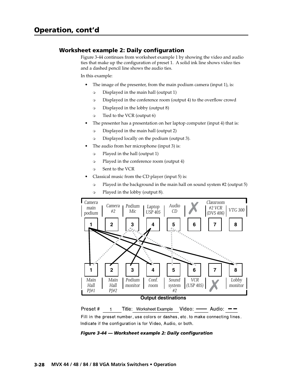 Worksheet example 2: daily configuration, Worksheet example 2: daily configuration -28, Preliminar y | Operation, cont’d, Laptop usp 405 | Extron electronic MVX 88 Series User Manual | Page 46 / 84