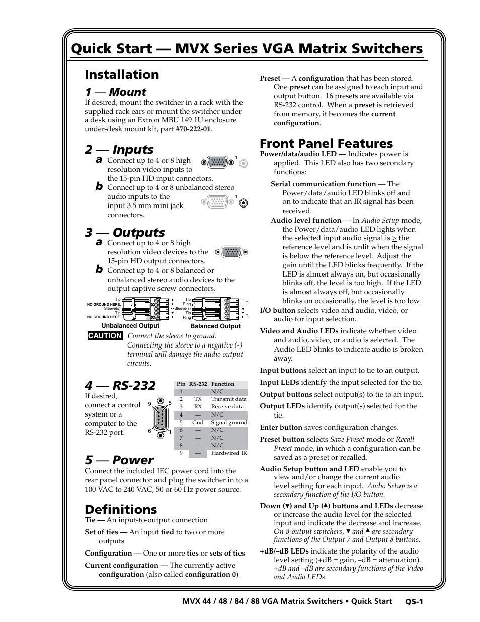 Quick start, Preliminar y, Quick start — mvx series vga matrix switchers | Installation, 2 — inputs, 3 — outputs, 4 — rs-232, 5 — power, Definitions, Front panel features | Extron electronic MVX 88 Series User Manual | Page 5 / 84