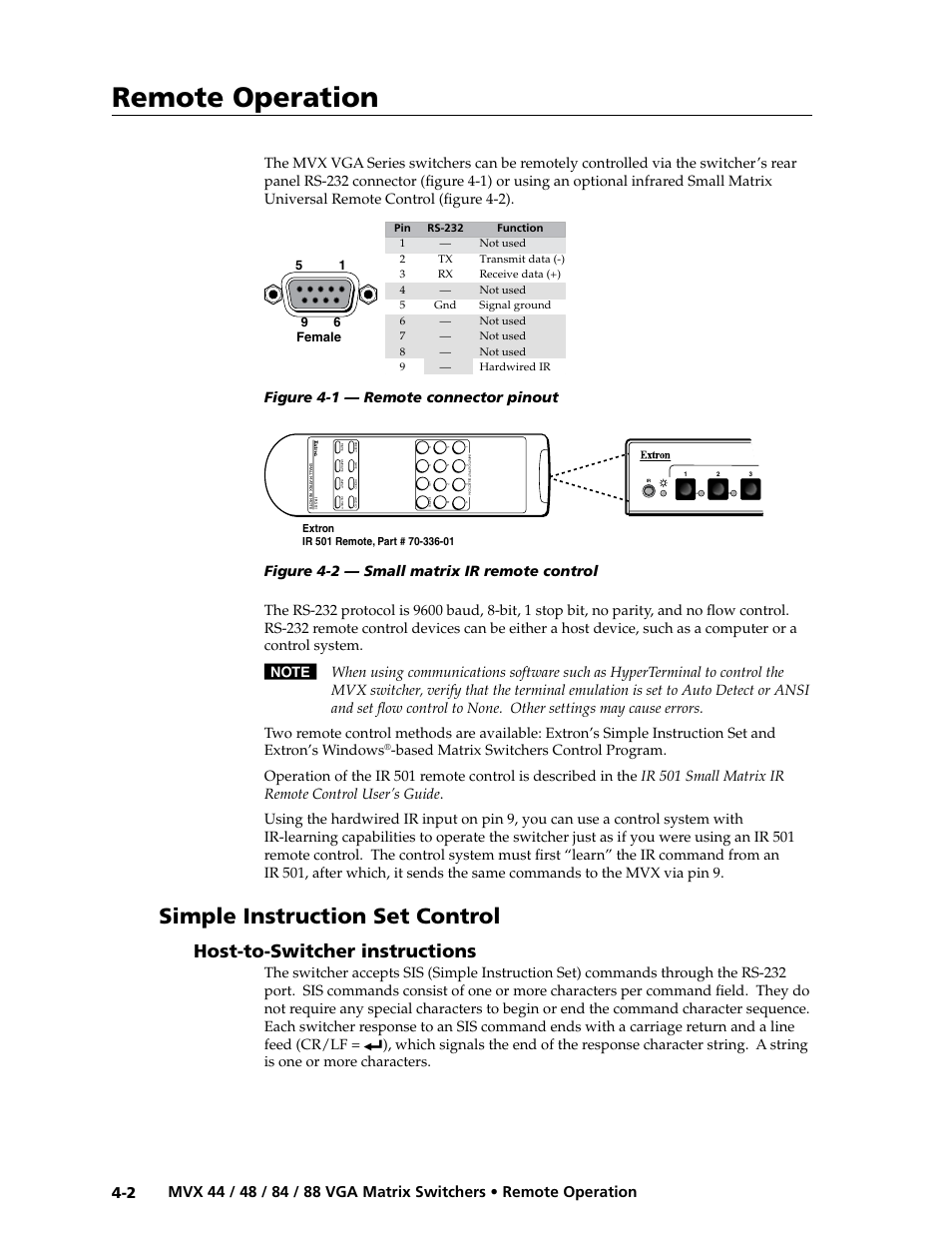 Simple instruction set control, Host-to-switcher instructions, Host-to-switcher instructions -2 | Preliminar y, Remote operation, Figure 4-1 — remote connector pinout | Extron electronic MVX 88 Series User Manual | Page 52 / 84