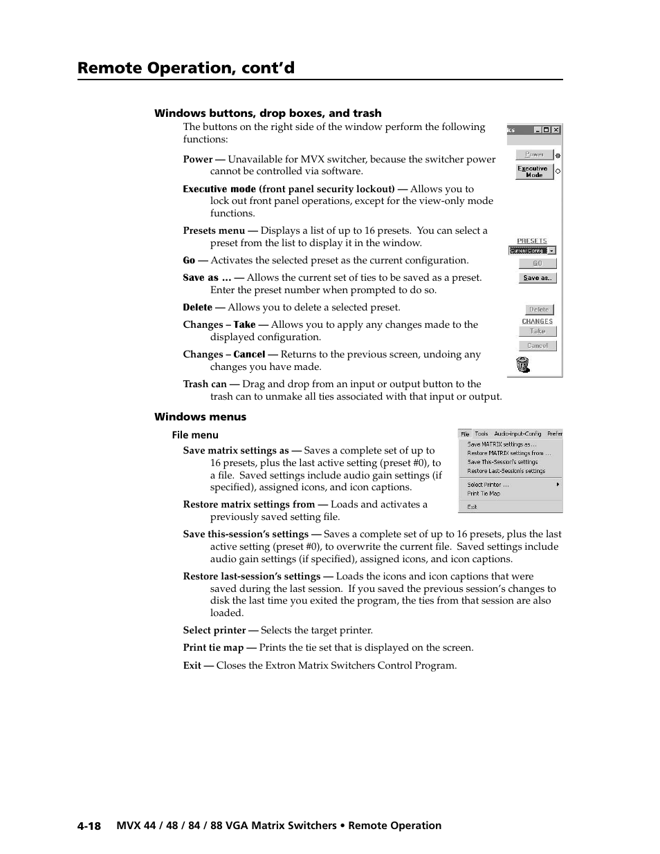 Windows buttons, drop boxes, and trash, Windows menus, File menu | File menu -18, Preliminar y, Remote operation, cont’d | Extron electronic MVX 88 Series User Manual | Page 68 / 84