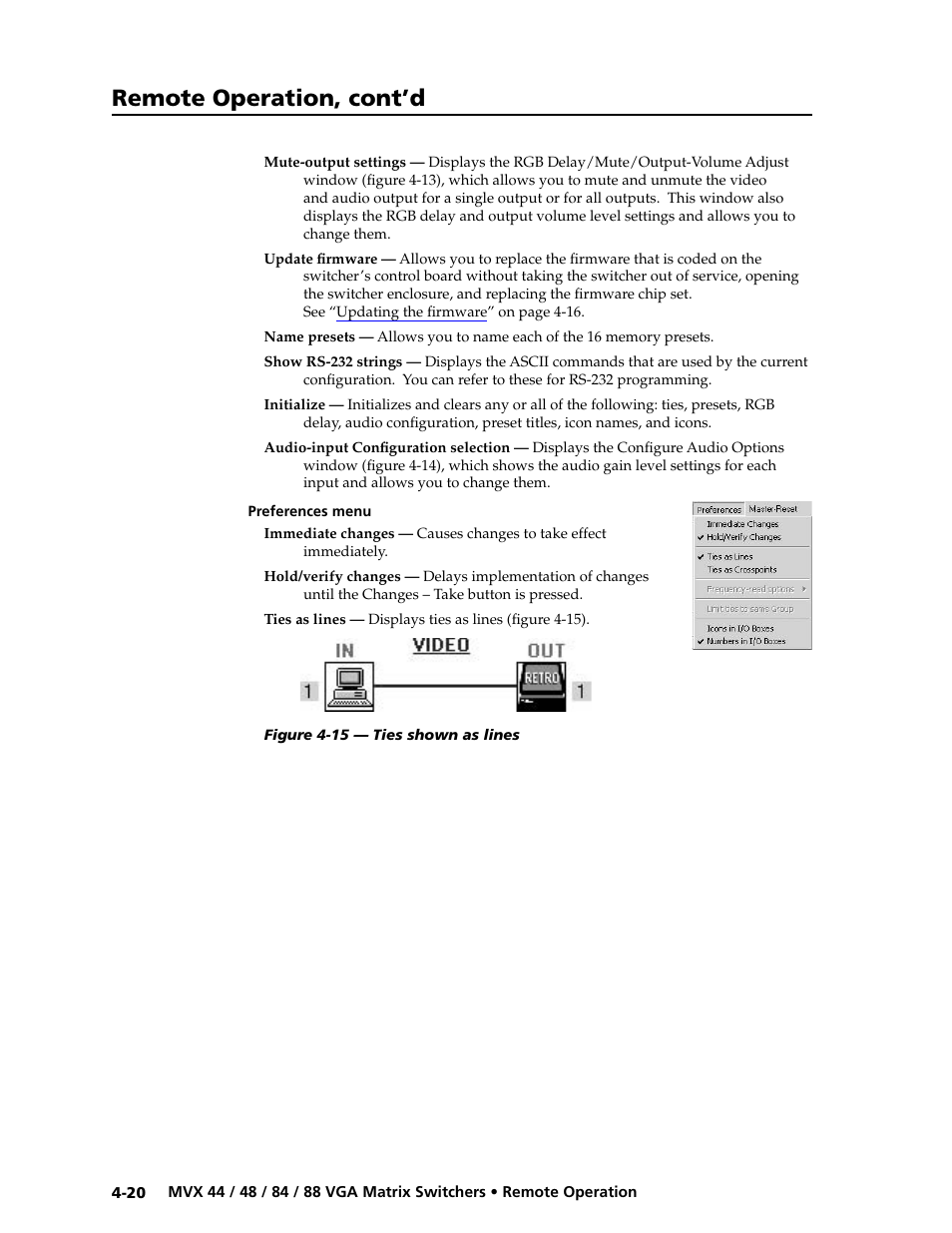 Preferences menu, Preferences menu -20, Preliminar y | Remote operation, cont’d | Extron electronic MVX 88 Series User Manual | Page 70 / 84