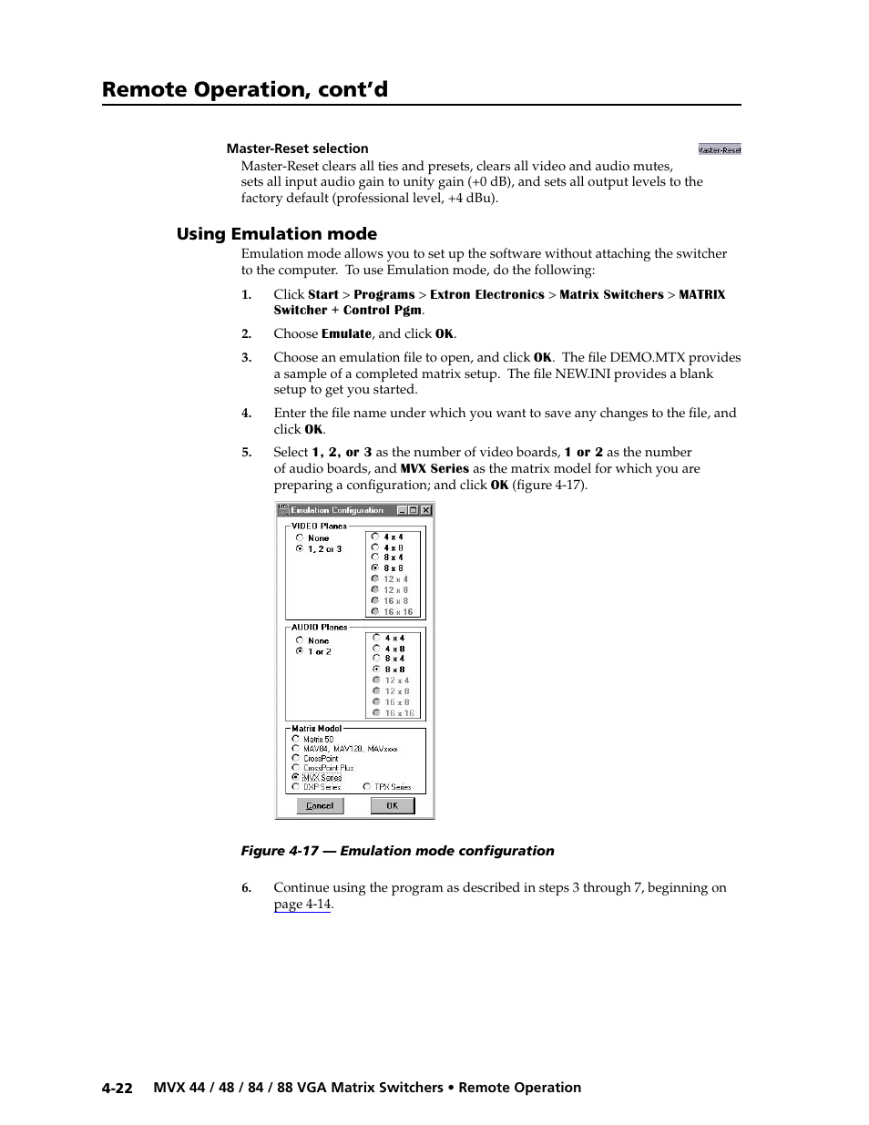 Master-reset selection, Using emulation mode, Master-reset selection -22 | Using emulation mode -22, Preliminar y, Remote operation, cont’d | Extron electronic MVX 88 Series User Manual | Page 72 / 84