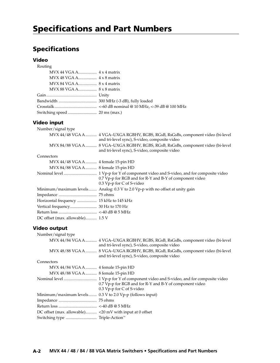 Specifications, Preliminar y, Specifications and part numbers | Extron electronic MVX 88 Series User Manual | Page 76 / 84