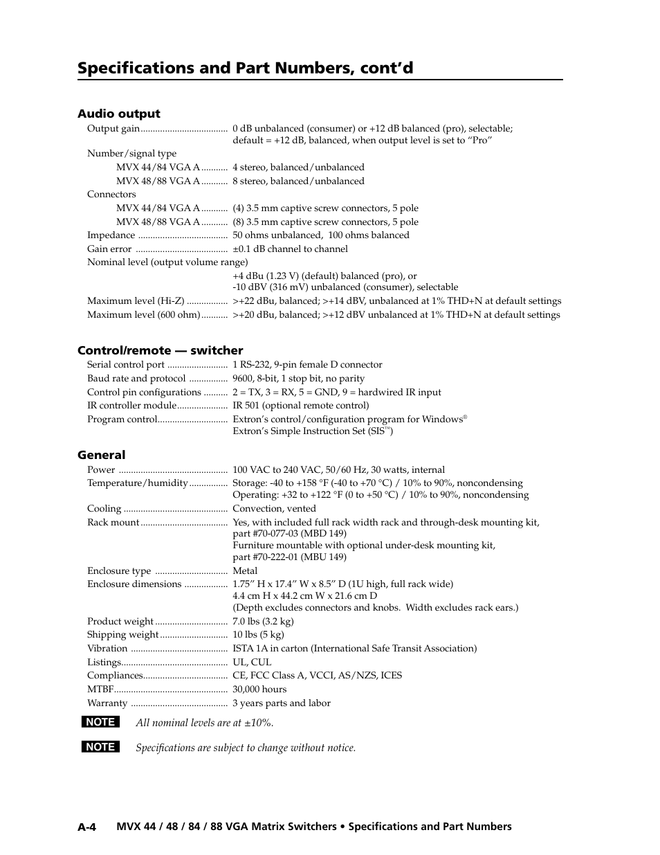 Preliminar y, Specifications and part numbers, cont’d | Extron electronic MVX 88 Series User Manual | Page 78 / 84