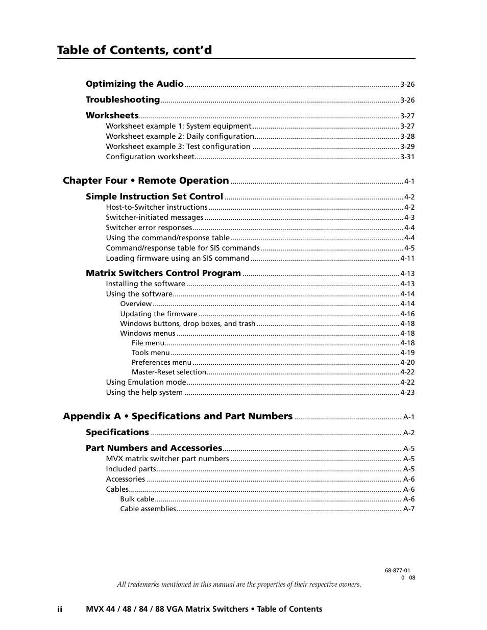Preliminar y, Table of contents, cont’d | Extron electronic MVX 88 Series User Manual | Page 8 / 84