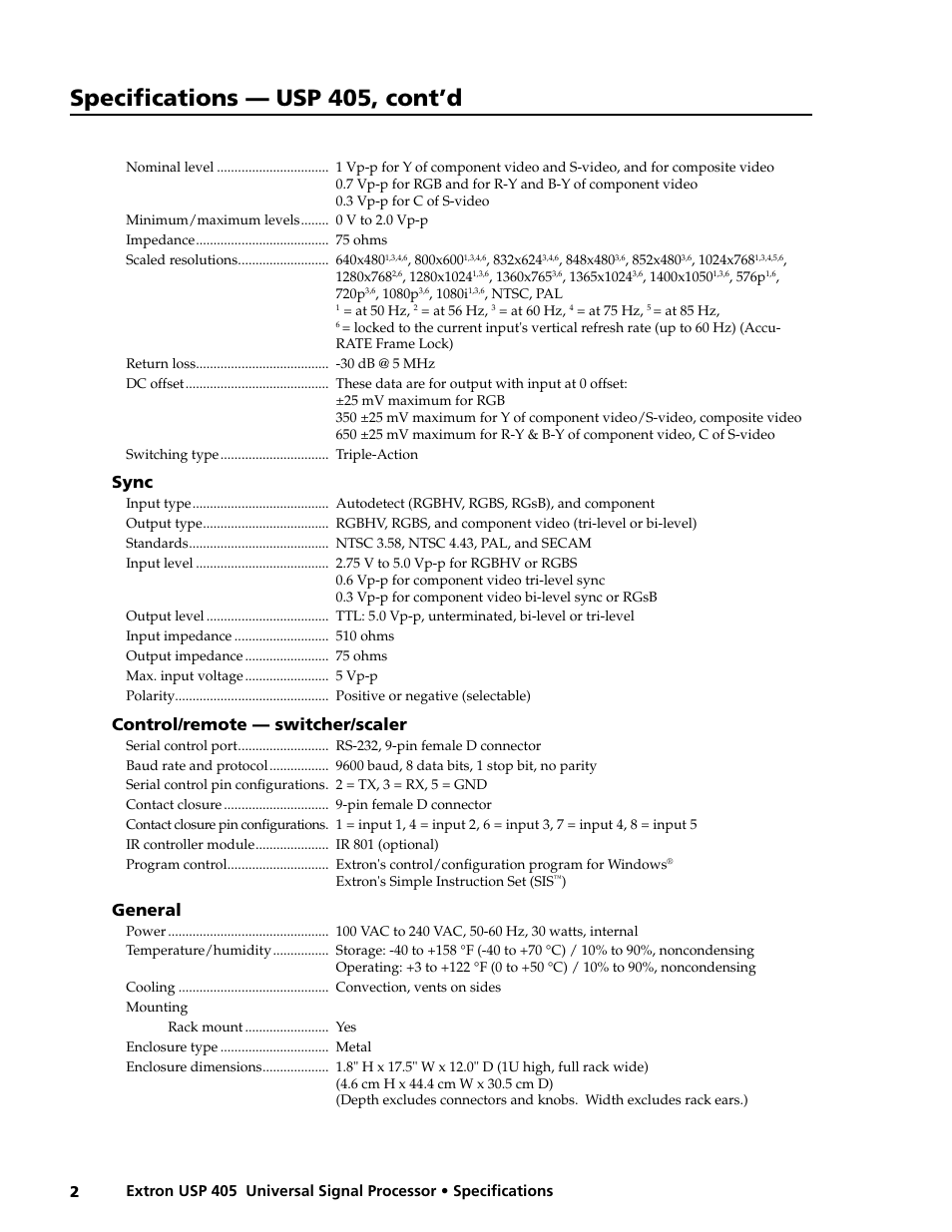 Specifications — usp 405, cont’d, Sync, Control/remote — switcher/scaler | General | Extron electronic Universal Signal Processor USP 405 User Manual | Page 2 / 3