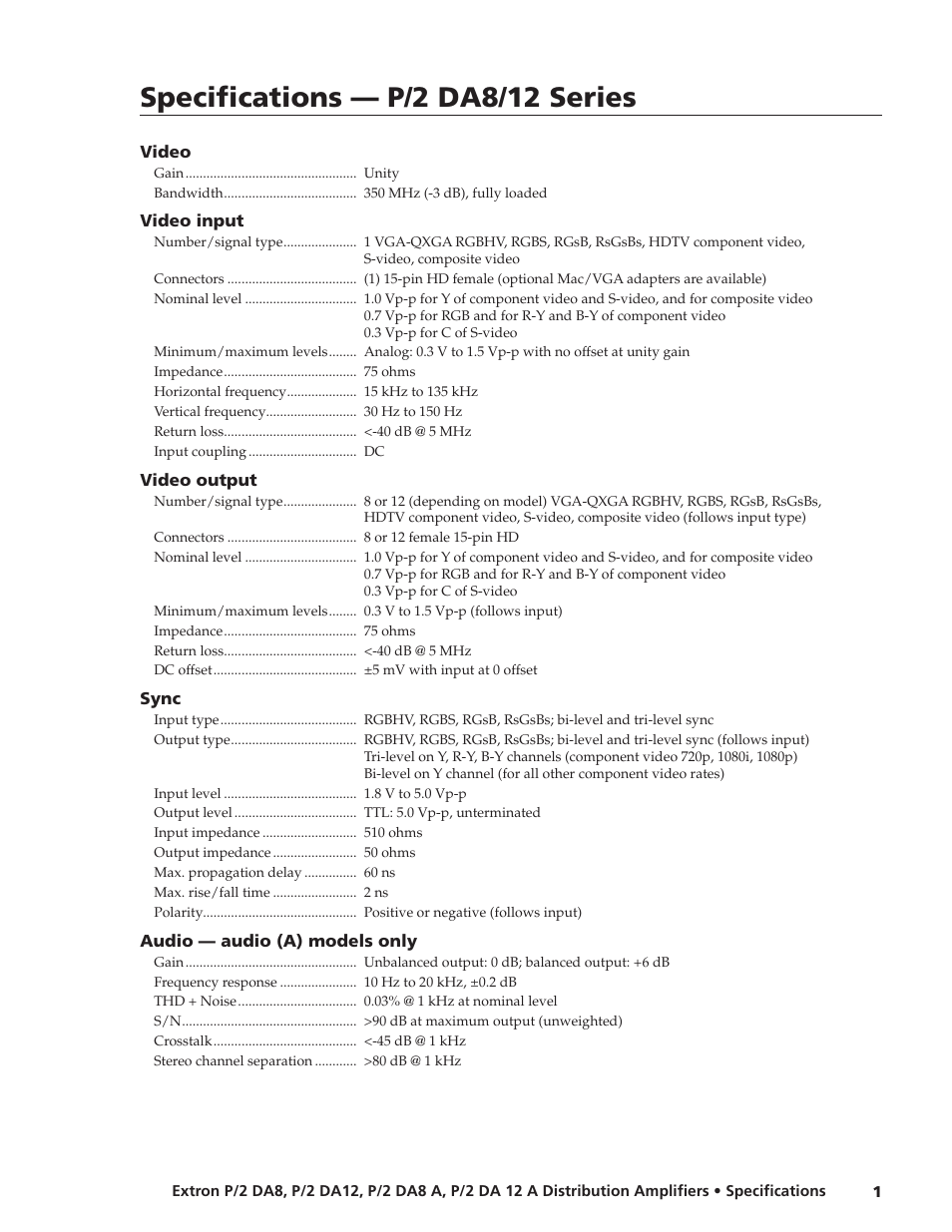 Extron electronic P/2 DA8 A User Manual | 2 pages