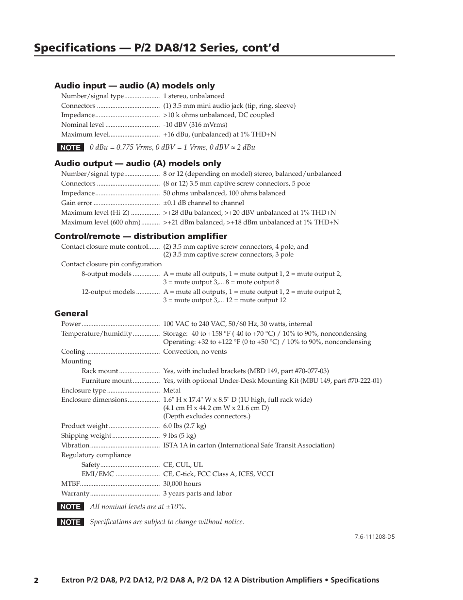 Specifications — p/2 da8/12 series, cont’d | Extron electronic P/2 DA8 A User Manual | Page 2 / 2