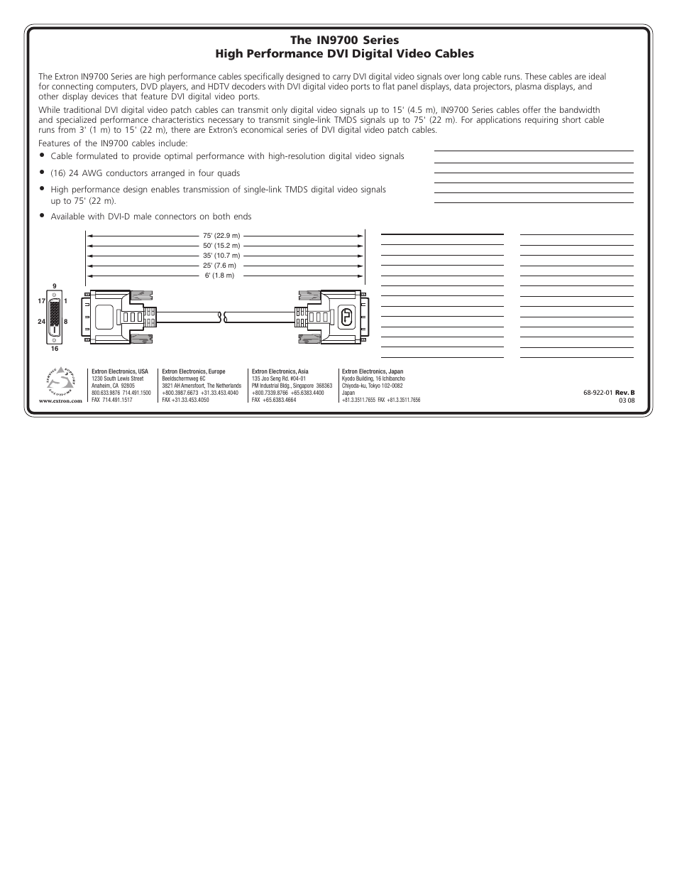 Extron Electronics IN9700 Series Cables User Manual | 1 page