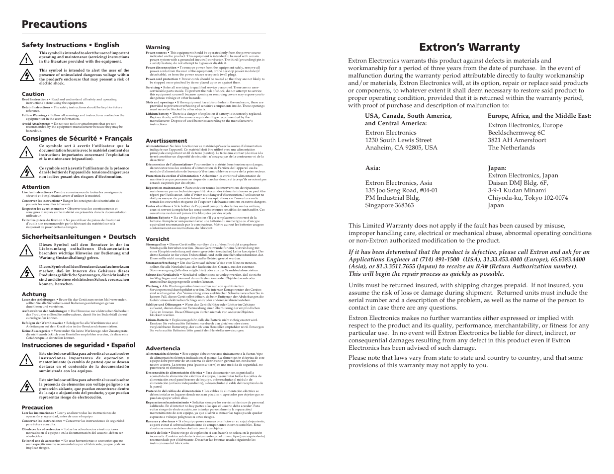 Precautions, Extron’s warranty, Instrucciones de seguridad • español | Extron Electronics RGB 460xi_472xi SC Series User Manual | Page 2 / 9