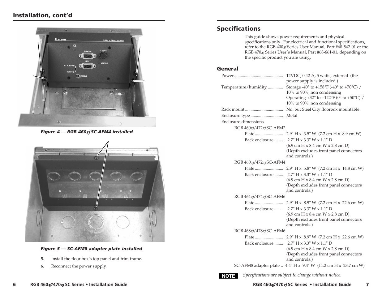 Installation, cont’d, Specifications | Extron Electronics RGB 460xi_472xi SC Series User Manual | Page 7 / 9