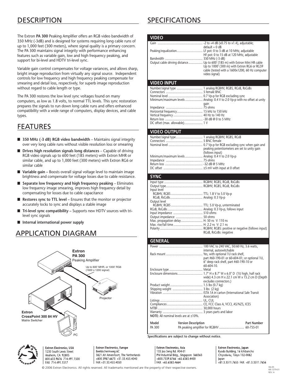 Description specifications application diagram, Features | Extron electronic PA 300s User Manual | Page 2 / 2