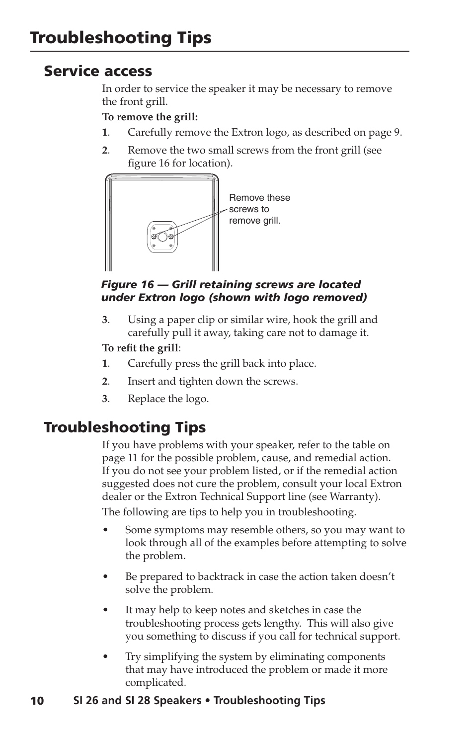 Troubleshooting tips, Service access | Extron Electronics SI 28 User Manual | Page 12 / 16