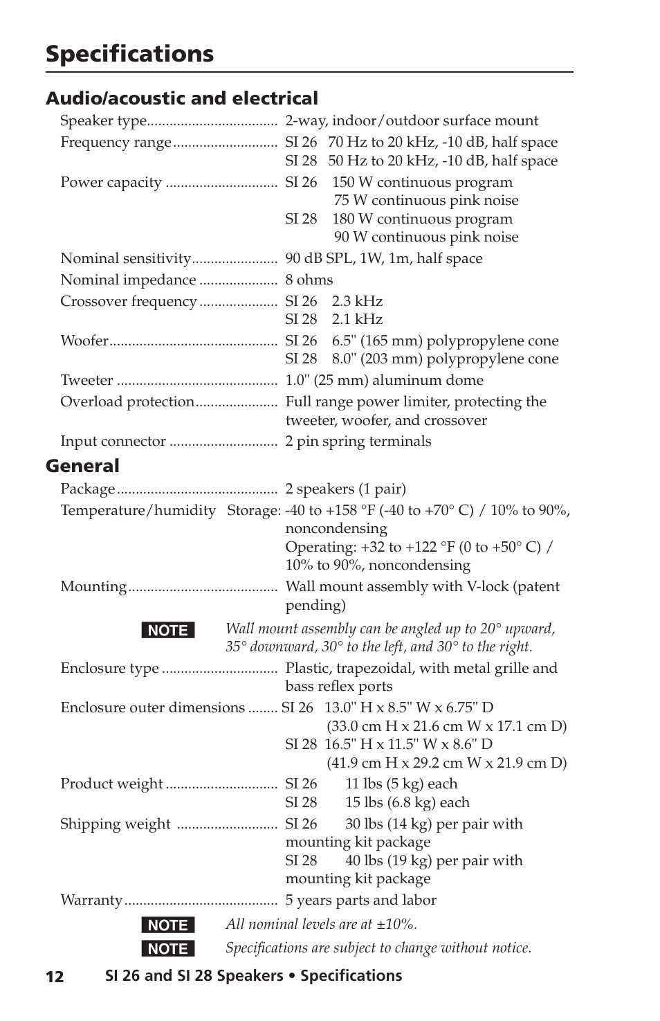 Specifications, Audio/acoustic and electrical, General | Extron Electronics SI 28 User Manual | Page 14 / 16