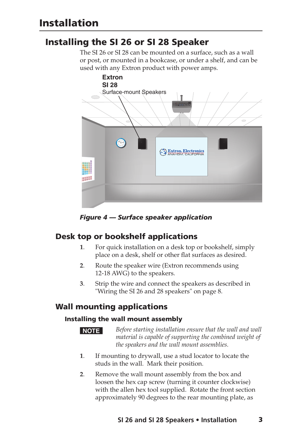 Installation, Installing the si 26 or si 28 speaker, Desk top or bookshelf applications | Wall mounting applications, Installing the wall mount assembly | Extron Electronics SI 28 User Manual | Page 5 / 16