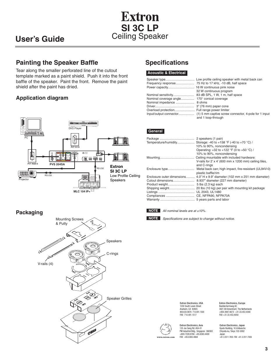 Si 3c lp, Ceiling speaker user’s guide, Painting the speaker baffle | Specifications, Application diagram, Packaging, 12v 3a max, Listed 17tt audio/video apparatus, Extron si 3c lp, Audio in video in | Extron Electronics SI 3C LP User Manual | Page 3 / 3