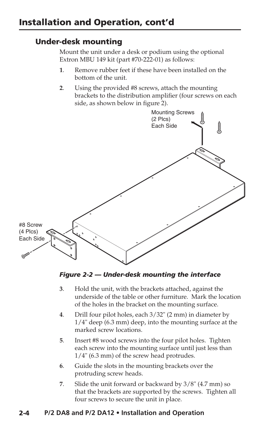 Under-desk mounting, Installation and operation, cont’d | Extron Electronics P-2 DA8 Series User Manual | Page 14 / 32