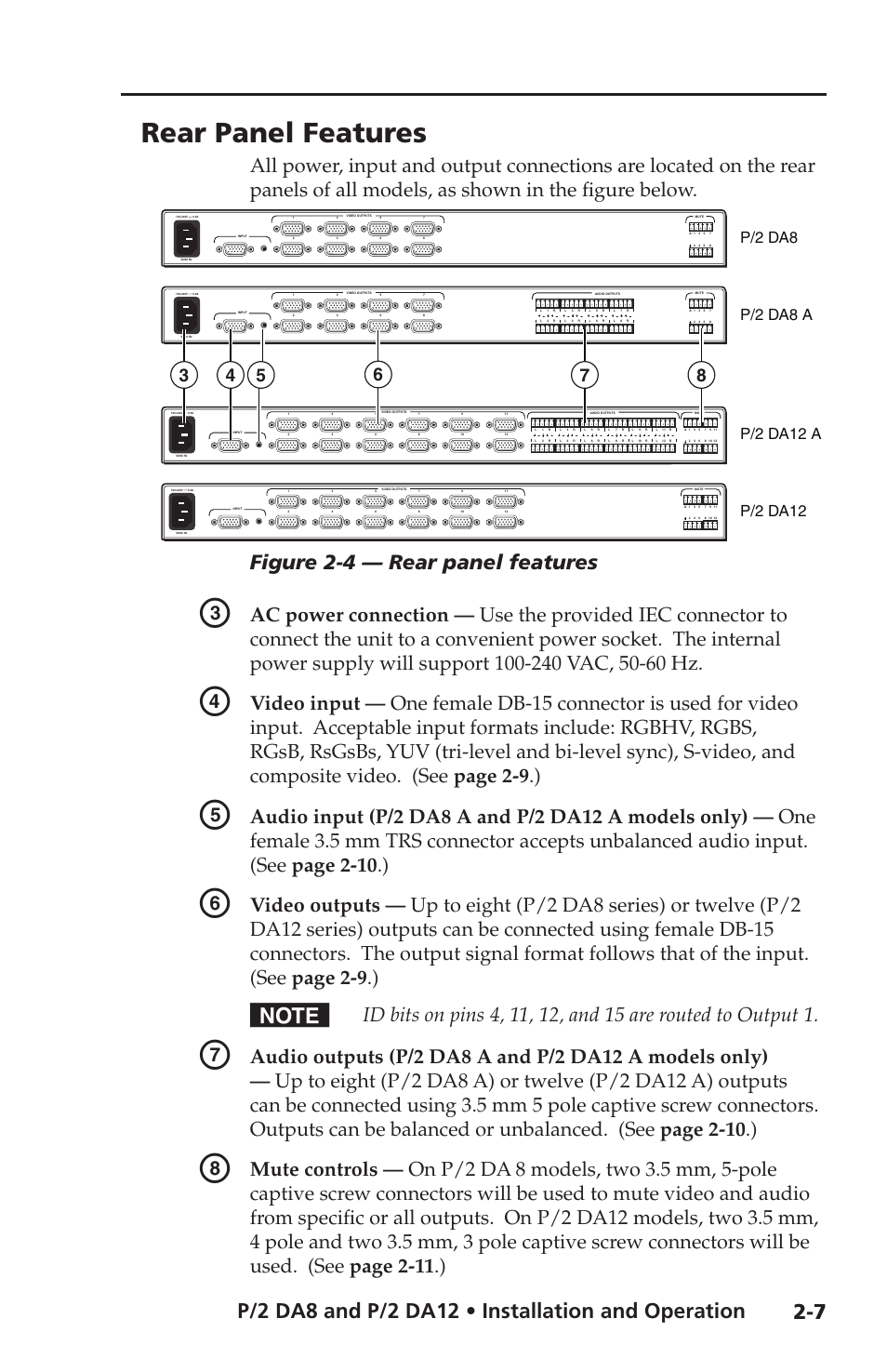 Rear panel features, Figure 2-4 — rear panel features | Extron Electronics P-2 DA8 Series User Manual | Page 17 / 32