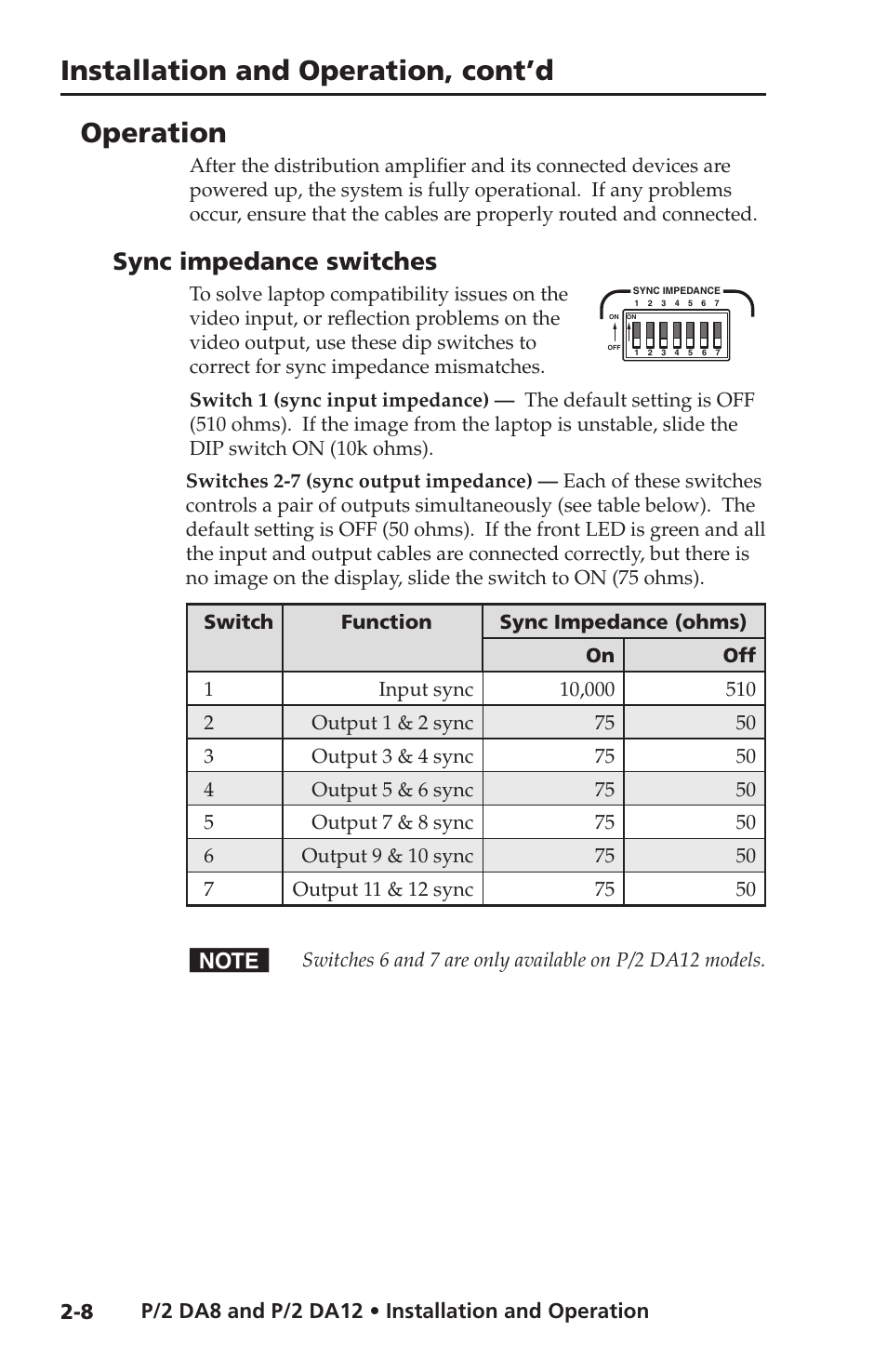 Operation, Sync impedence switches, Installation and operation, cont’d | Sync impedance switches | Extron Electronics P-2 DA8 Series User Manual | Page 18 / 32