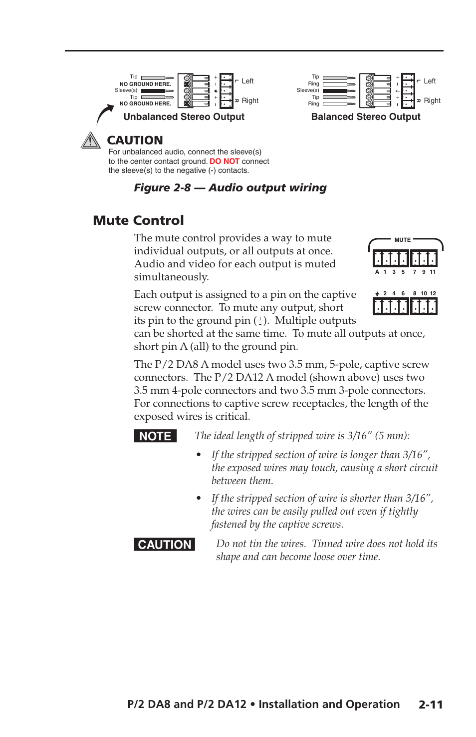 Mute control, Caution, Figure 2-8 — audio output wiring | Extron Electronics P-2 DA8 Series User Manual | Page 21 / 32