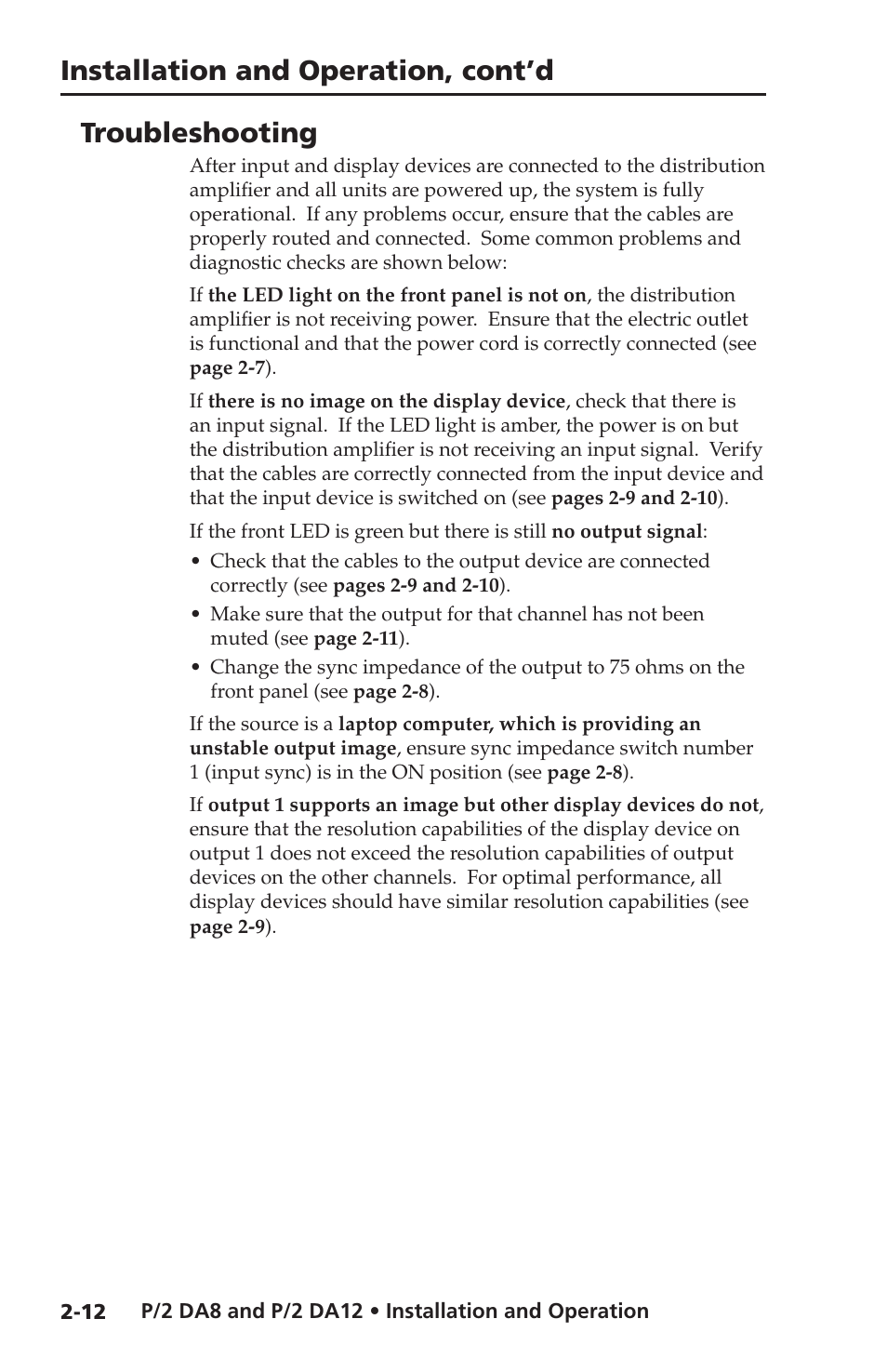 Troubleshooting, Installation and operation, cont’d | Extron Electronics P-2 DA8 Series User Manual | Page 22 / 32