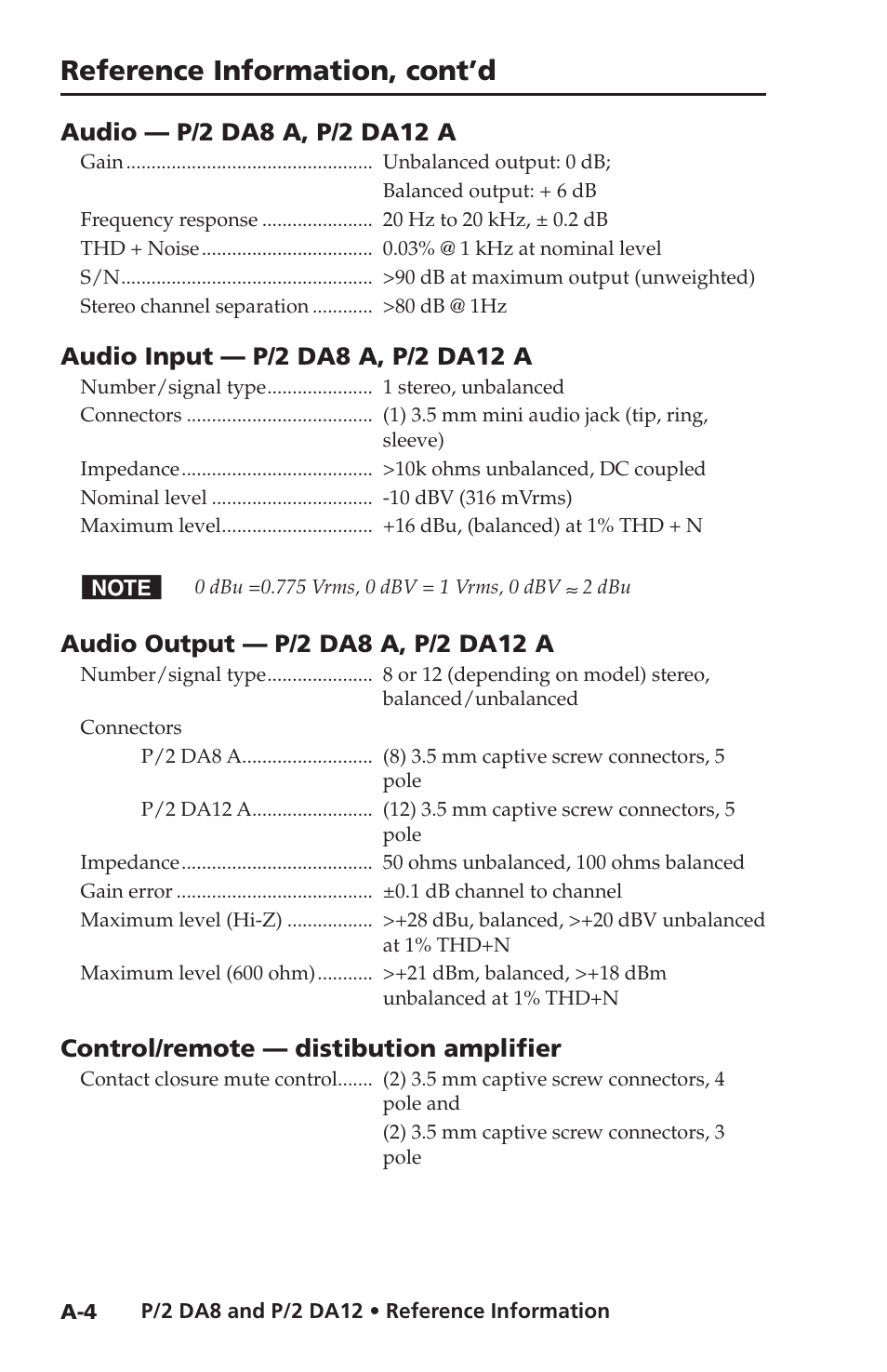 Reference information, cont’d, Control/remote — distibution amplifier | Extron Electronics P-2 DA8 Series User Manual | Page 26 / 32