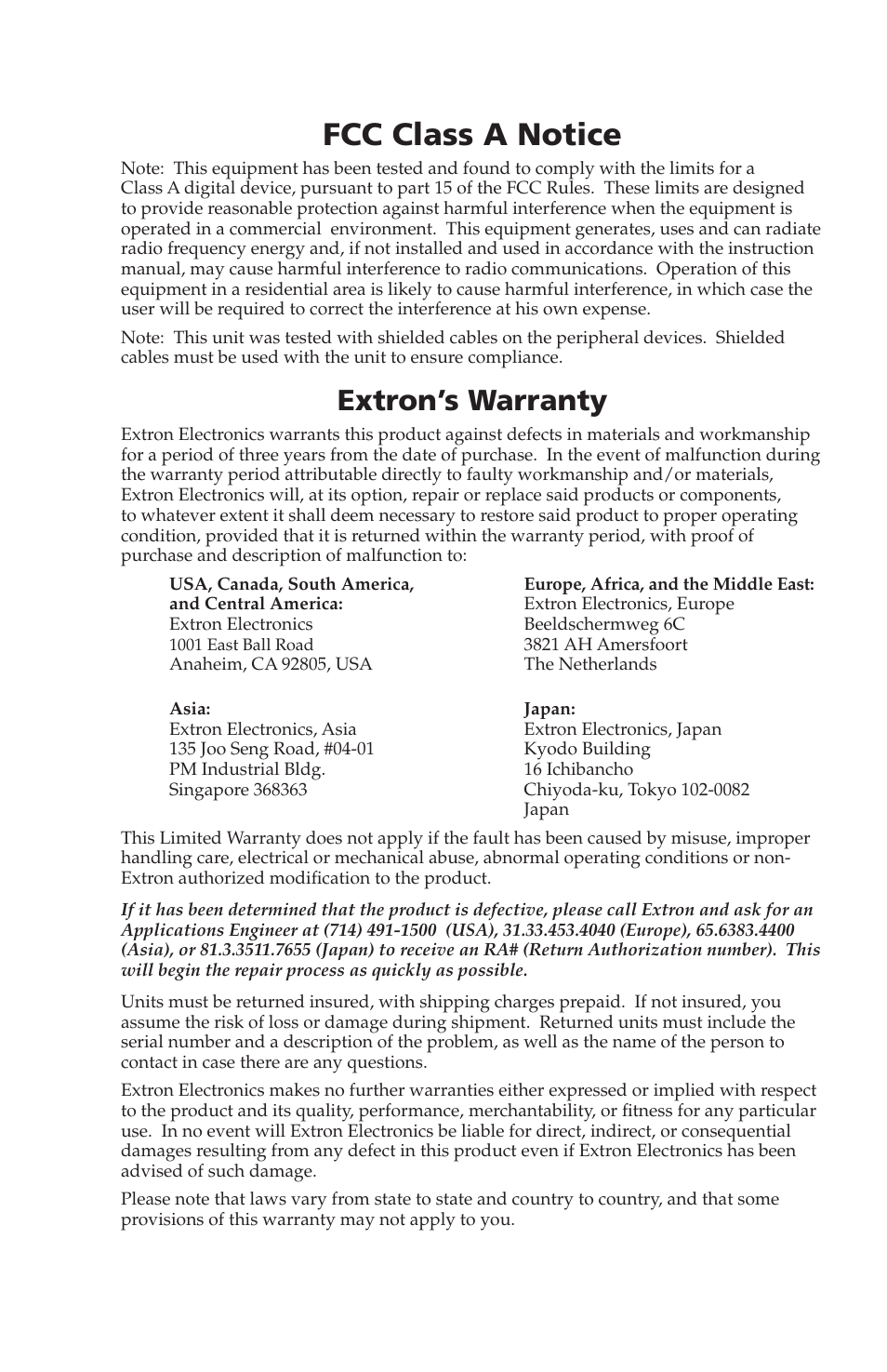 Fcc class a notice, Extron’s warranty | Extron Electronics P-2 DA8 Series User Manual | Page 31 / 32