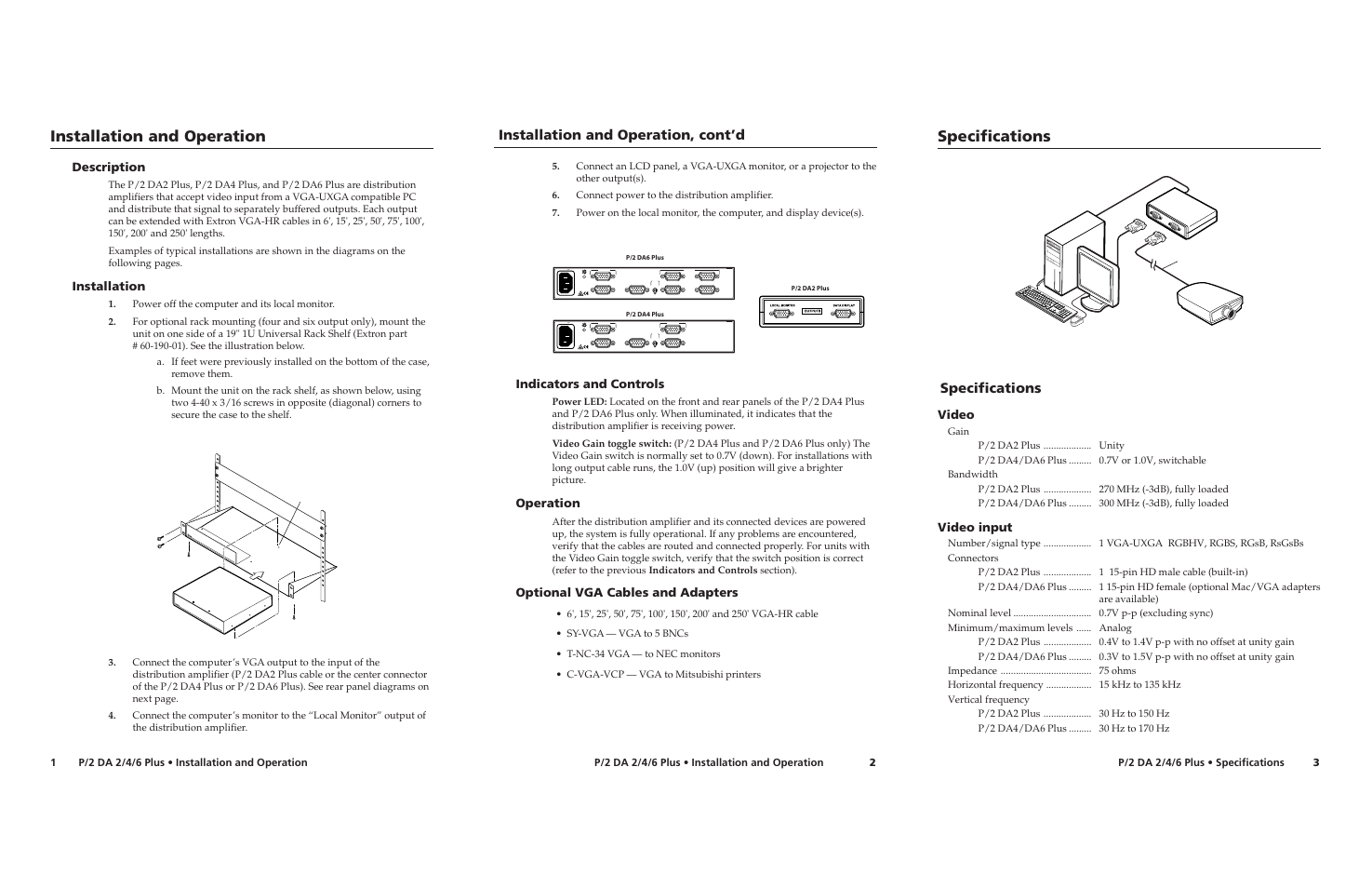 Installation and operation, Specifications, Installation and operation, cont’d | Description, Installation, Indicators and controls, Operation, Optional vga cables and adapters, Video, Video input | Extron Electronics P-2 DA2 Plus User Manual | Page 2 / 2