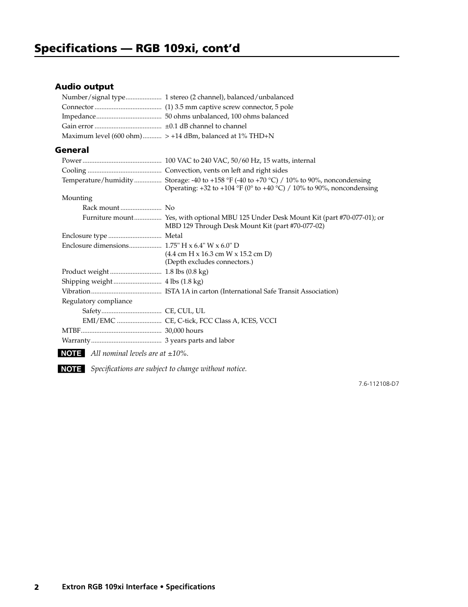 Specifications — rgb 109xi, cont’d | Extron electronic RGB 109xi User Manual | Page 2 / 2