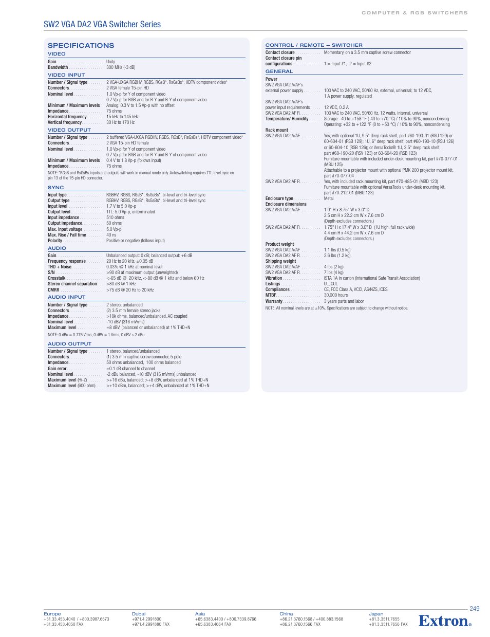 Sw2 vga da2 vga switcher series | Extron electronic DA2 VGA Series User Manual | Page 3 / 3