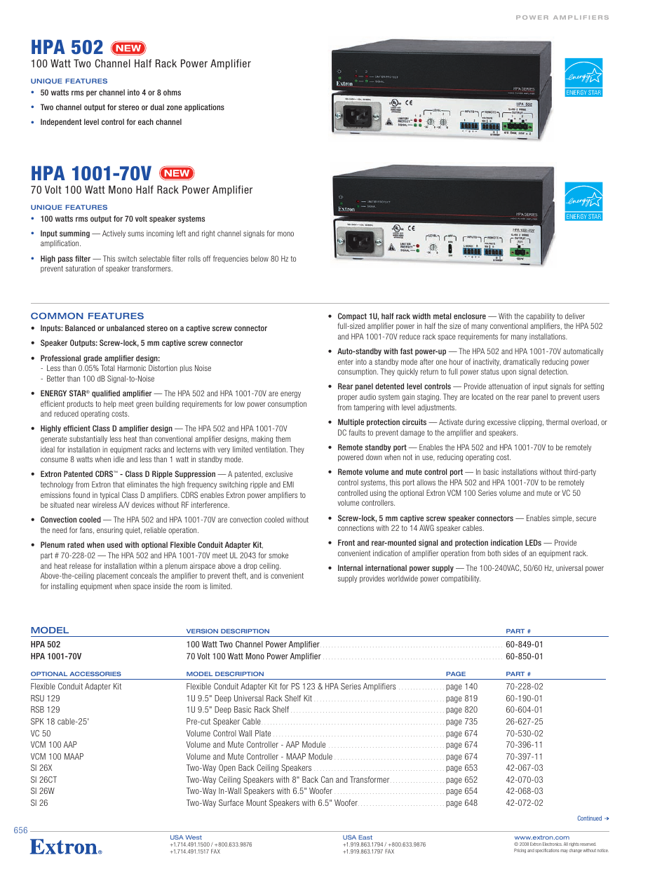 Extron electronic HPA 1001-70V User Manual | 2 pages