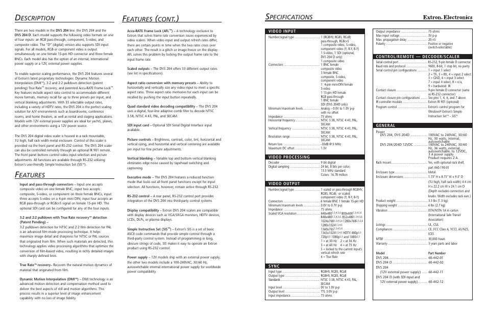 Pecifications, Escription, Eatures | Cont | Extron electronic DVS 204 User Manual | Page 3 / 4