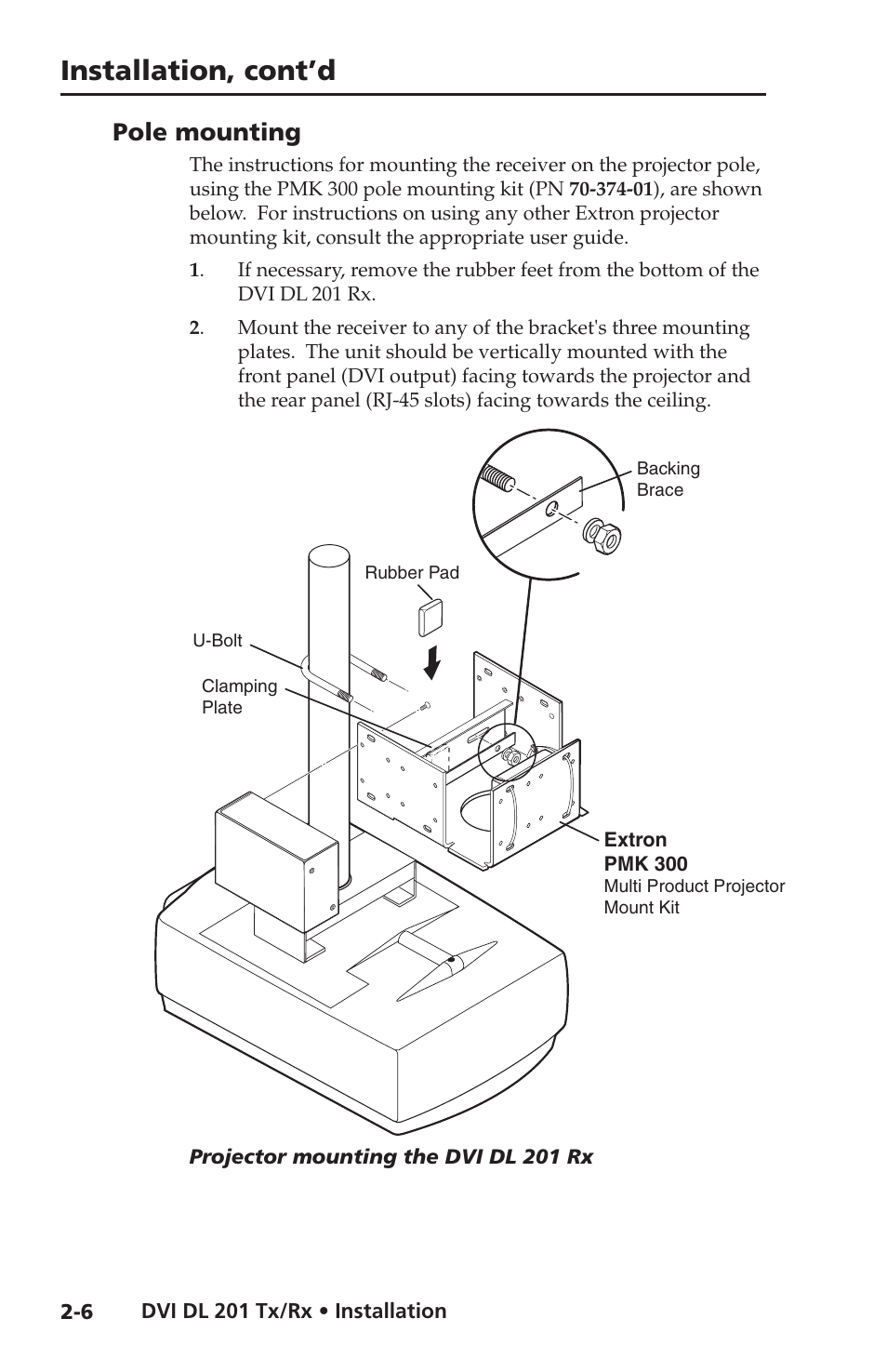 Pole mounting, Installation, cont’d | Extron electronic Dual Link DVI Transmitter and Receiver DVI DL 201 Tx User Manual | Page 18 / 48
