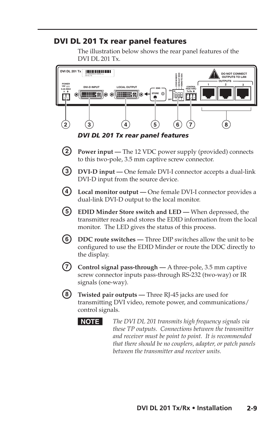 Dvi dl 201 tx rear panel features, Dvi dl 201 tx/rx • installation | Extron electronic Dual Link DVI Transmitter and Receiver DVI DL 201 Tx User Manual | Page 21 / 48