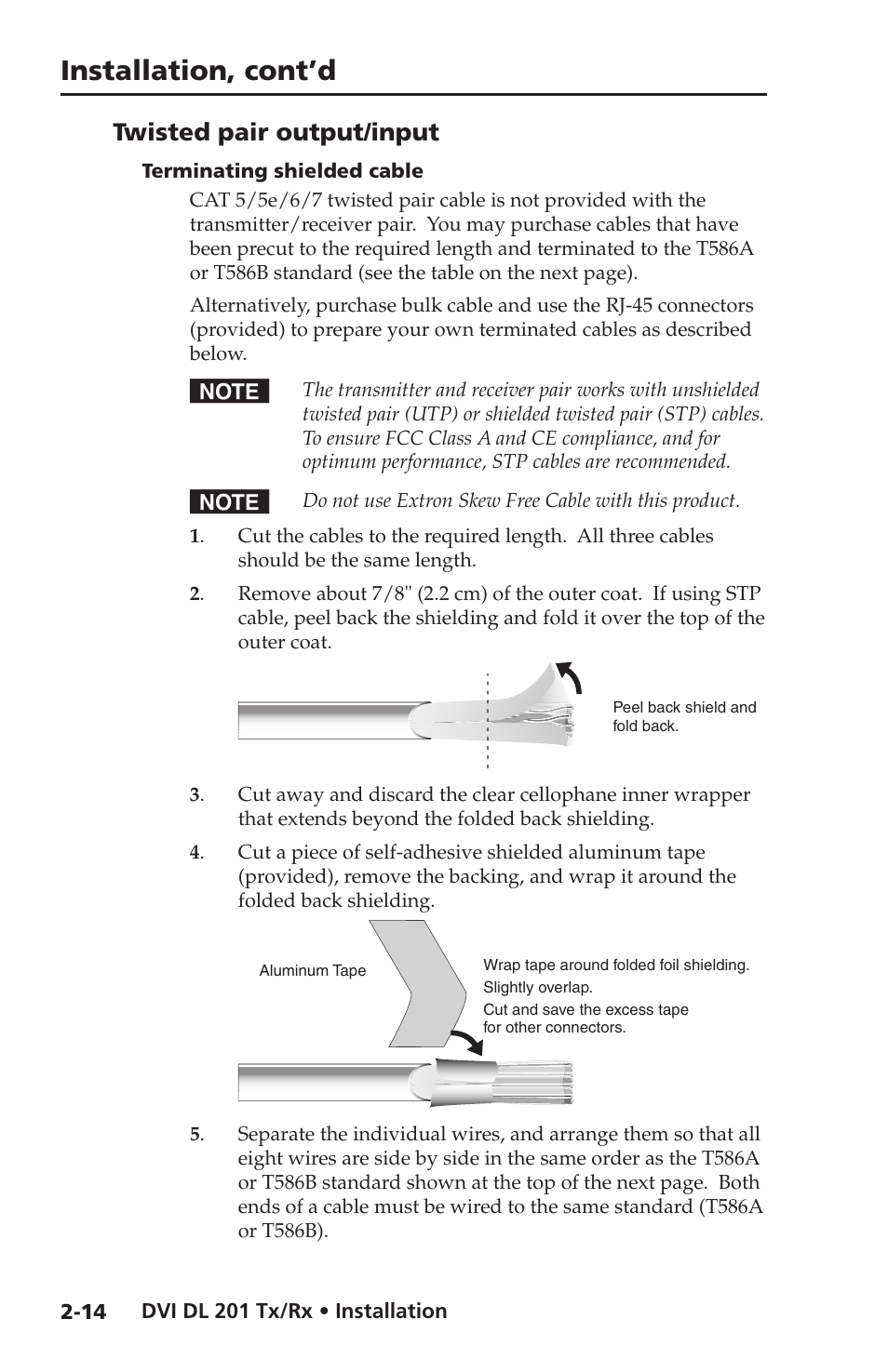 Twisted pair output/input, Terminating shielded cable, Installation, cont’d | Extron electronic Dual Link DVI Transmitter and Receiver DVI DL 201 Tx User Manual | Page 26 / 48